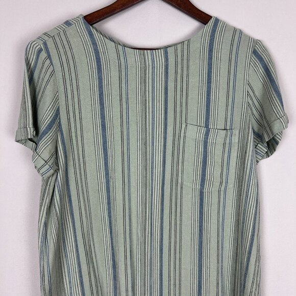 Cloth & Stone Dress Small Green Stripe Linen Blend Button Back Short Sleeve S - Picture 3 of 11